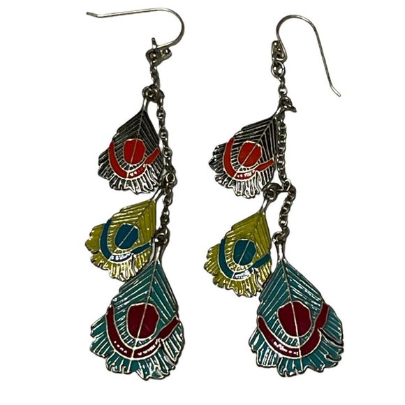 Silver tone enamel feather dangle earrings hook Boho - Picture 1 of 7